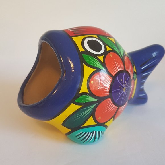 Vintage Mexican Folk Art Ceramic Big Mouth Fish Sponge Holder Hand painted Blue - Picture 7 of 16